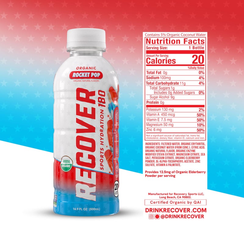 RECOVER 180 Organic Sports Hydration Drink, No Sugar Added, 20 Calorie Sports Beverage, Organic Flavors With Vitamins, Potassium-Packed Electrolytes (16.9 Fl Oz (Pack of 12), Rocket Pop) - Image 5